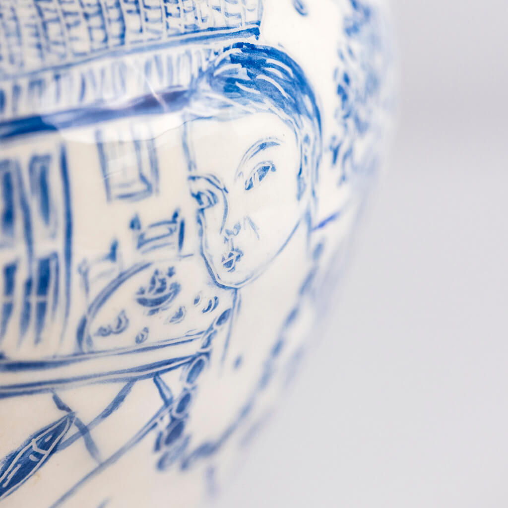 Ceramic vase in cobalt & gold with self-portrait, cats and fishbowl, handmade and painted in a unique & colourful style by Spanish artist Maite Morell.