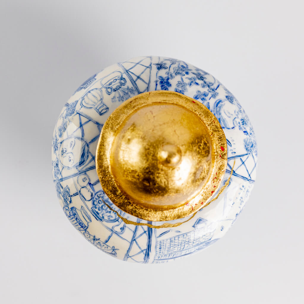 Ceramic vase in cobalt & gold with self-portrait, cats and fishbowl, handmade and painted in a unique & colourful style by Spanish artist Maite Morell.