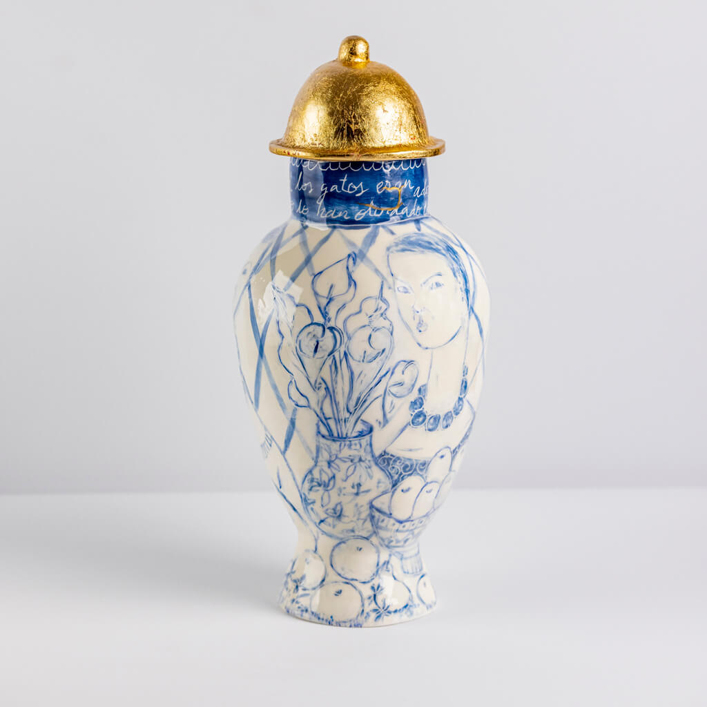 Ceramic vase with self-portrait, cats and flowers, handmade and painted in a unique & colourful style by Spanish artist Maite Morell.