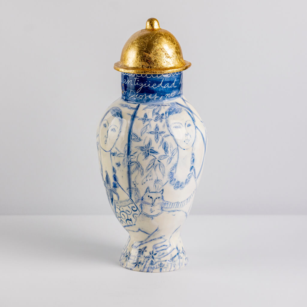 Ceramic vase with self-portrait, cats and flowers, handmade and painted in a unique & colourful style by Spanish artist Maite Morell