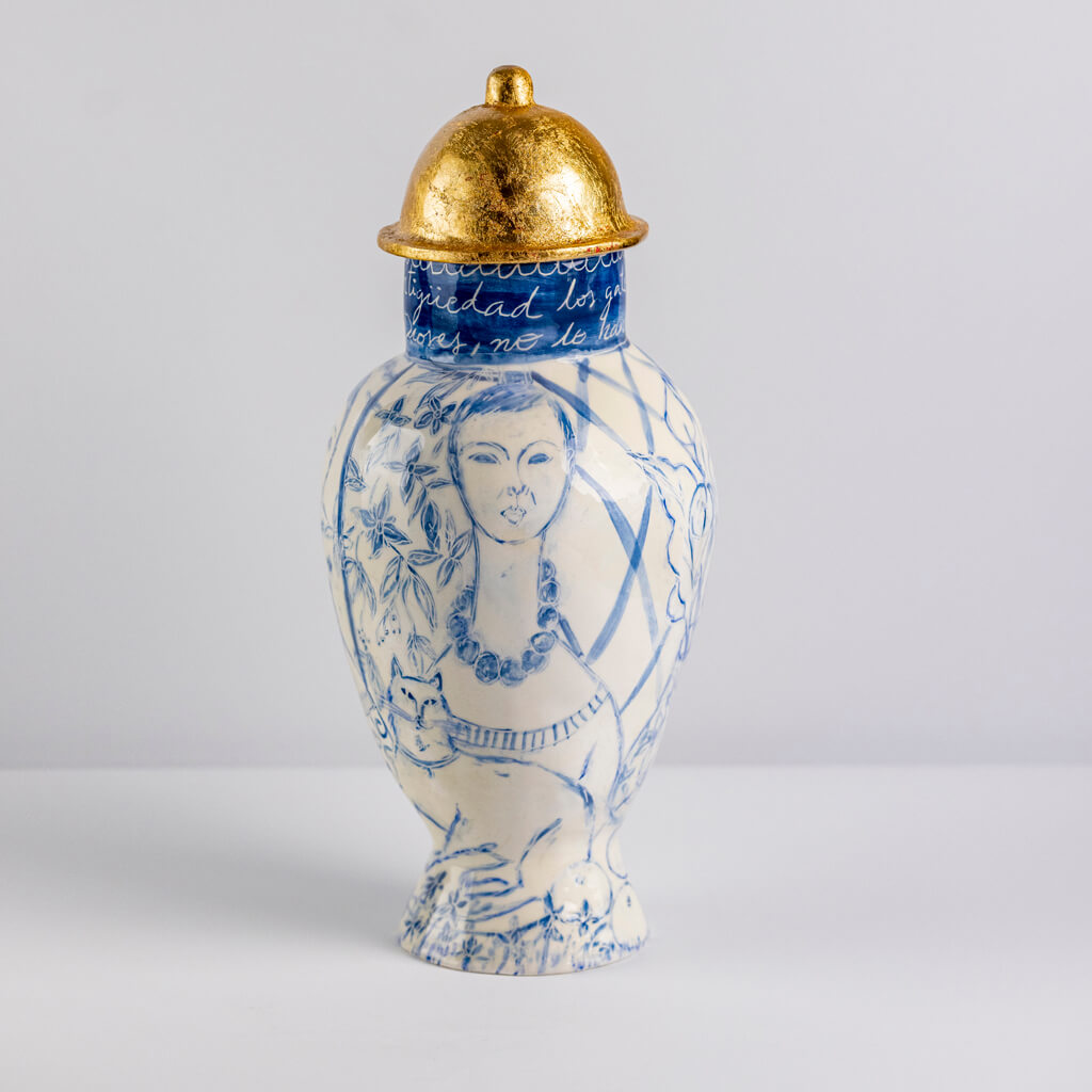 Ceramic vase with self-portrait, cats and flowers, handmade and painted in a unique & colourful style by Spanish artist Maite Morell.