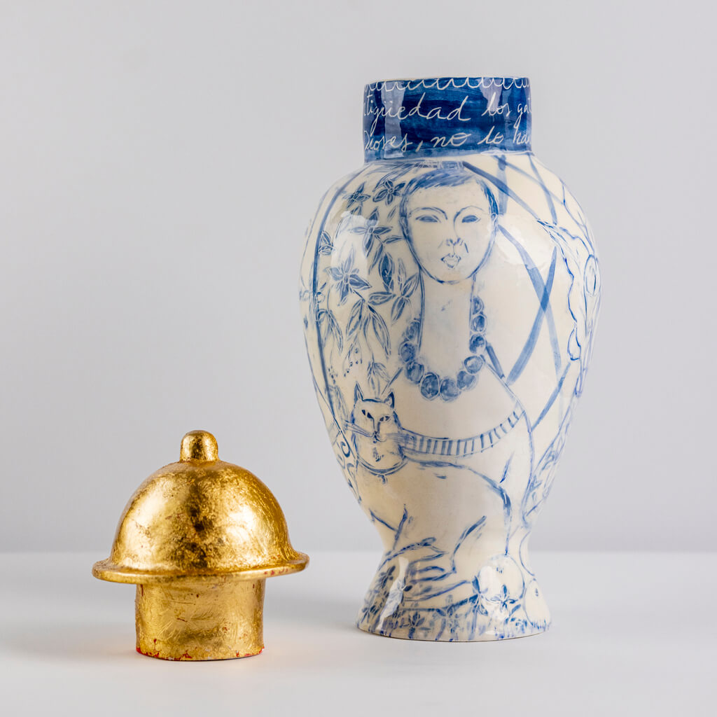 Ceramic vase with self-portrait, cats and flowers, handmade and painted in a unique & colourful style by Spanish artist Maite Morell.