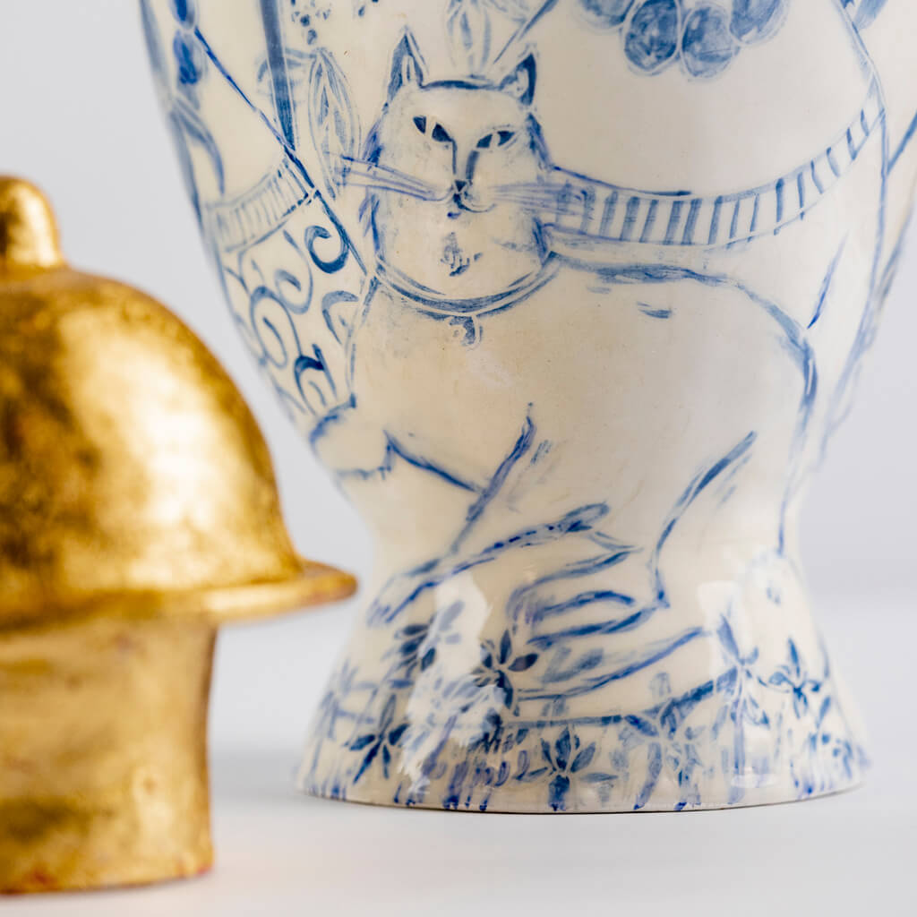 Ceramic vase with self-portrait, cats and flowers, handmade and painted in a unique & colourful style by Spanish artist Maite Morell.