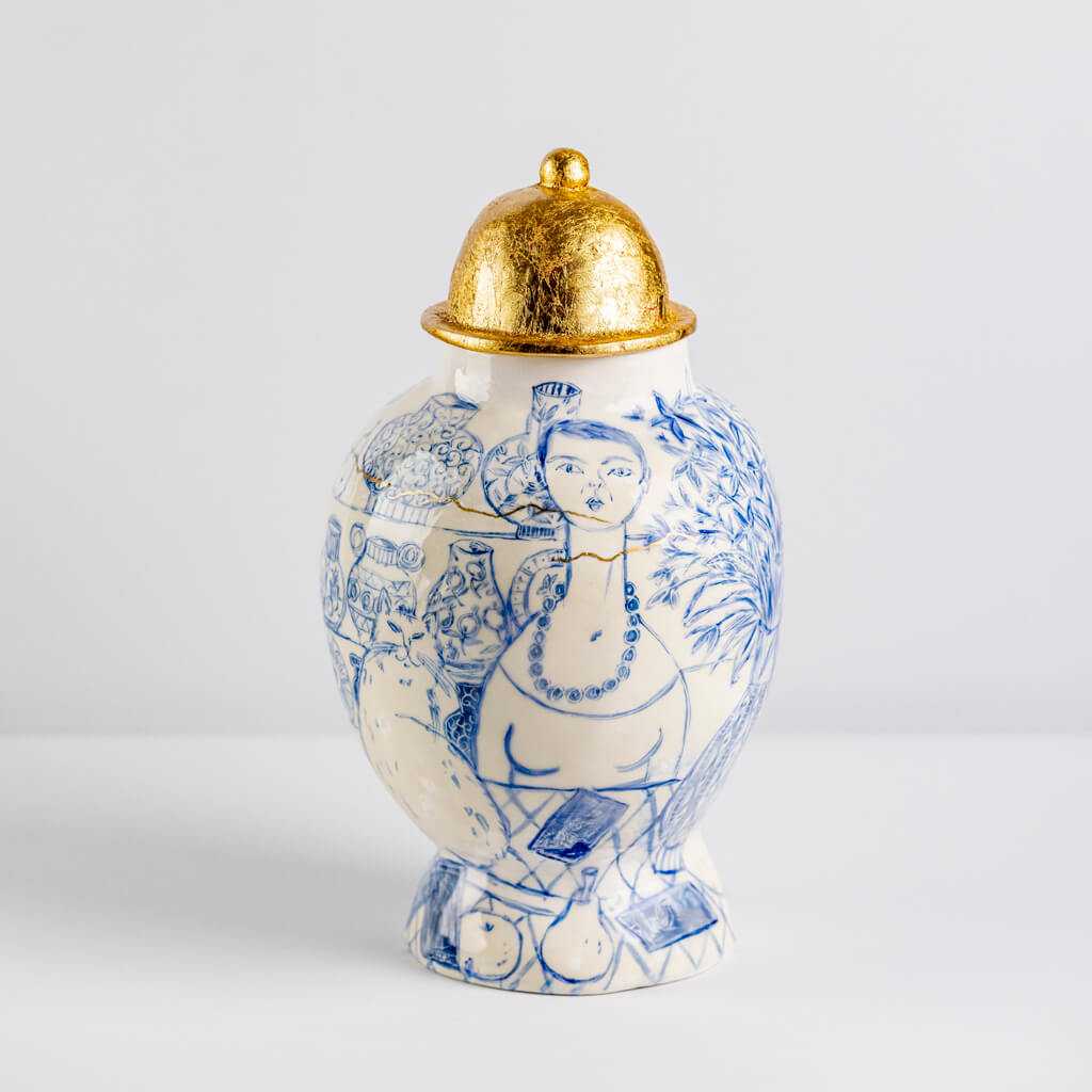 Ceramic vase in cobalt & gold with self-portrait, cats and tarot cards, handmade and painted in a unique & colourful style by Spanish artist Maite Morell.