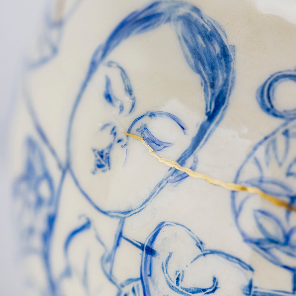 Ceramic vase in cobalt & gold with self-portrait, cats and tarot cards, handmade and painted in a unique & colourful style by Spanish artist Maite Morell.