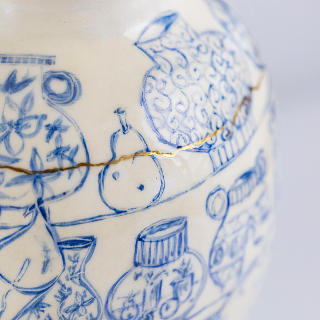 Ceramic vase in cobalt & gold with self-portrait, cats and tarot cards, handmade and painted in a unique & colourful style by Spanish artist Maite Morell.