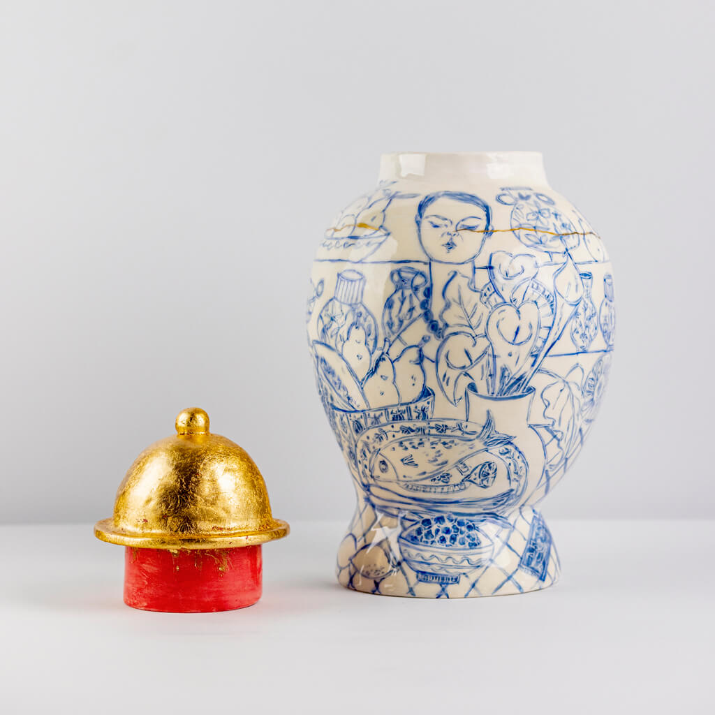 Ceramic vase in cobalt & gold with self-portrait, cats and tarot cards, handmade and painted in a unique & colourful style by Spanish artist Maite Morell.