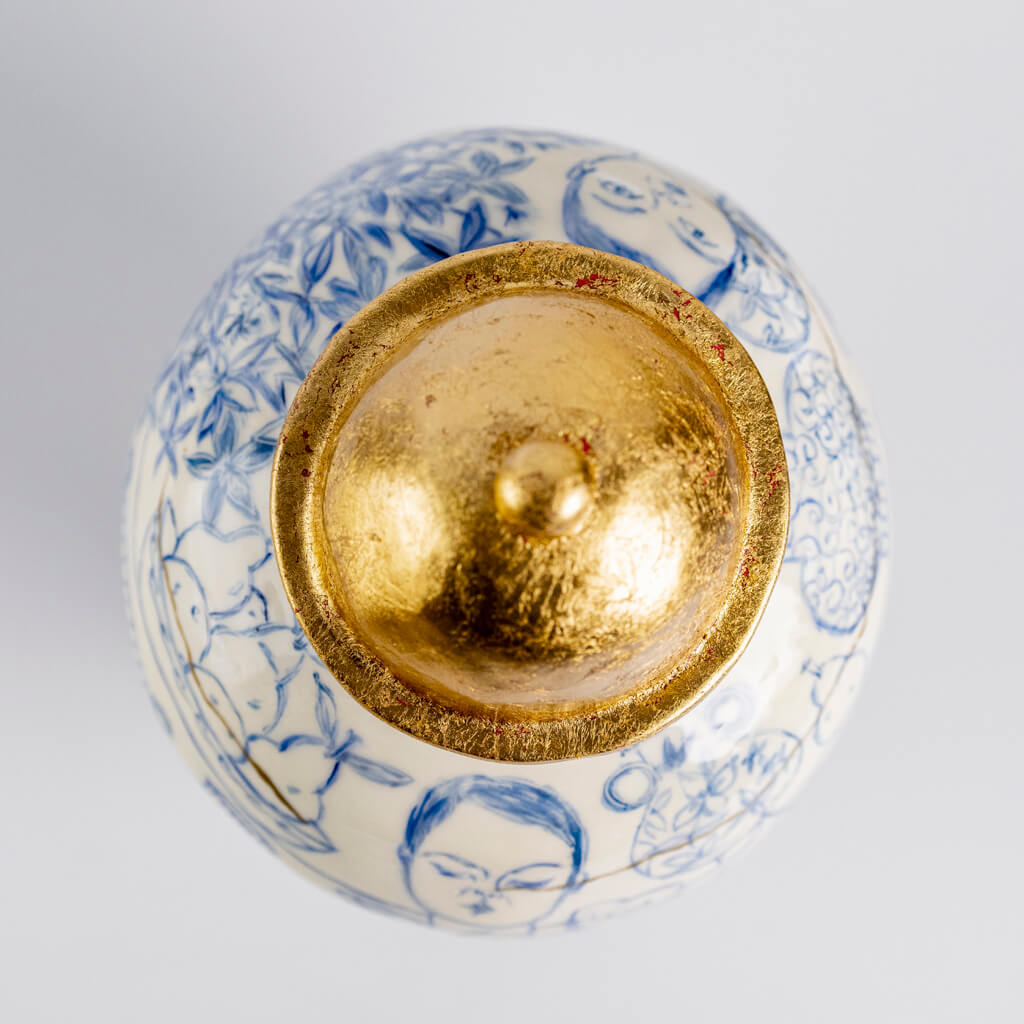 Ceramic vase in cobalt & gold with self-portrait, cats and tarot cards, handmade and painted in a unique & colourful style by Spanish artist Maite Morell.