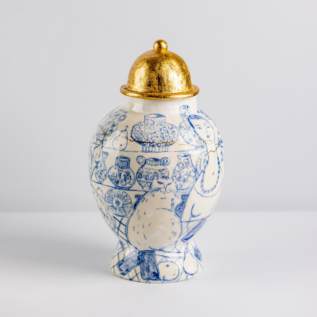 Ceramic vase in cobalt & gold with self-portrait, cats and tarot cards, handmade and painted in a unique & colourful style by Spanish artist Maite Morell.