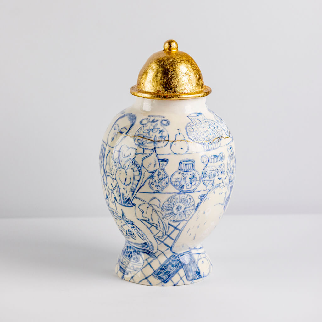 Ceramic vase in cobalt & gold with self-portrait, cats and tarot cards, handmade and painted in a unique & colourful style by Spanish artist Maite Morell.