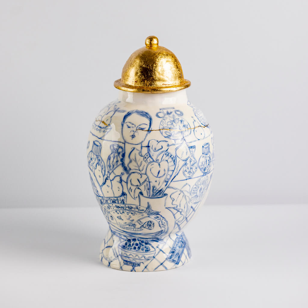 Ceramic vase in cobalt & gold with self-portrait, cats and tarot cards, handmade and painted in a unique & colourful style by Spanish artist Maite Morell.