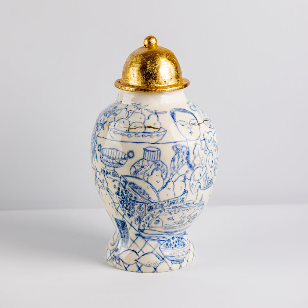 Ceramic vase in cobalt & gold with self-portrait, cats and tarot cards, handmade and painted in a unique & colourful style by Spanish artist Maite Morell.