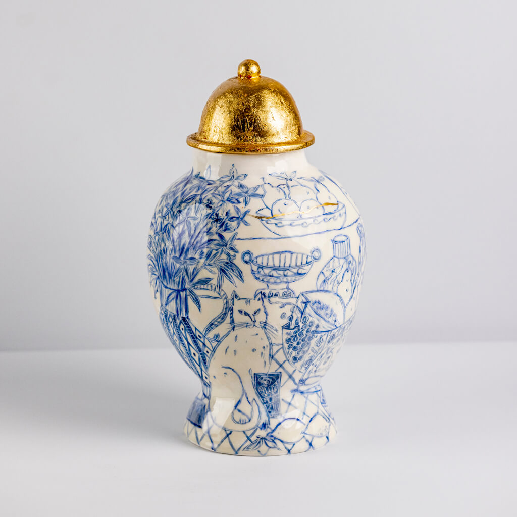 Ceramic vase in cobalt & gold with self-portrait, cats and tarot cards, handmade and painted in a unique & colourful style by Spanish artist Maite Morell.