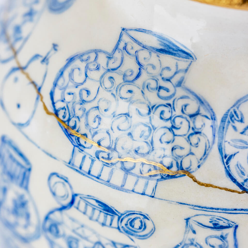Ceramic vase in cobalt & gold with self-portrait, cats and tarot cards, handmade and painted in a unique & colourful style by Spanish artist Maite Morell.