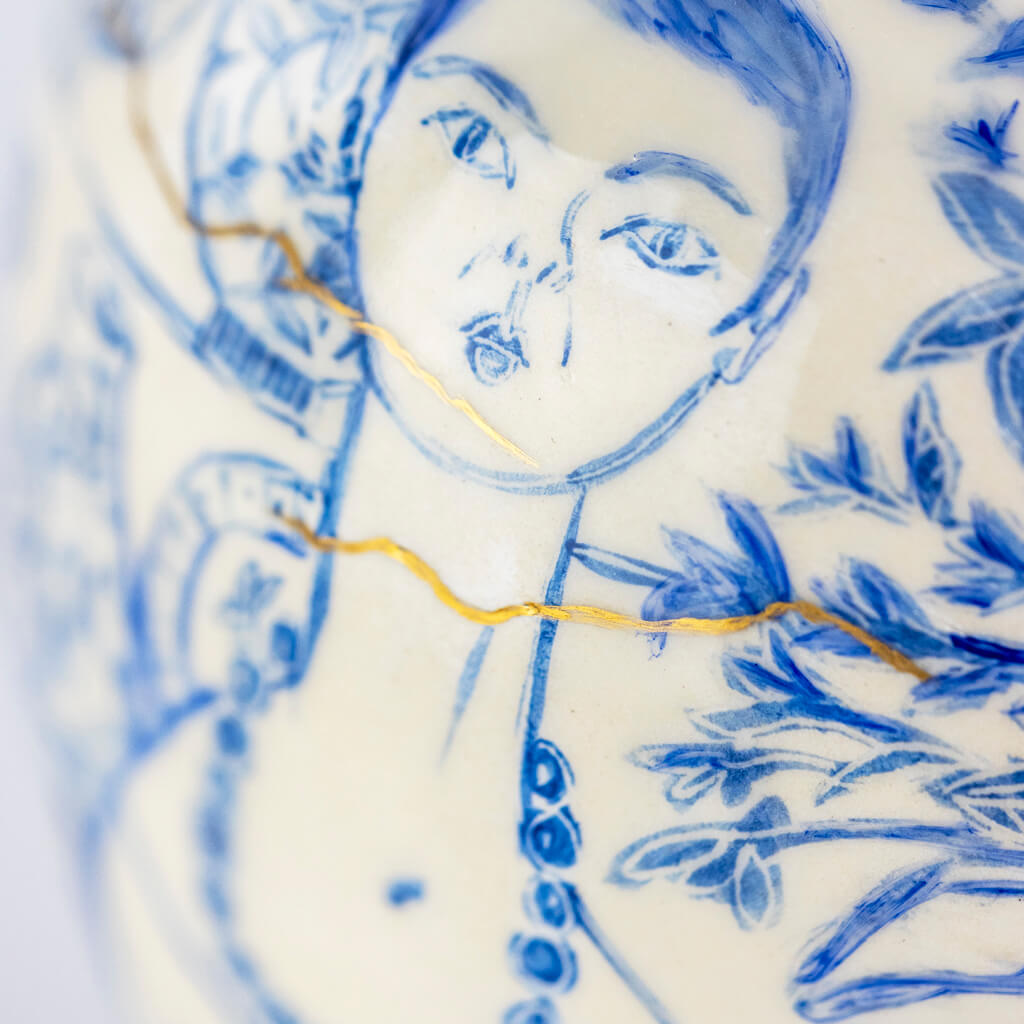 Ceramic vase in cobalt & gold with self-portrait, cats and tarot cards, handmade and painted in a unique & colourful style by Spanish artist Maite Morell.