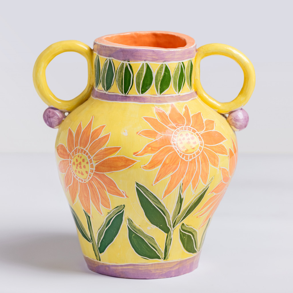Ceramic vase with sunflowers on yellow background, handmade and painted in a unique style by Spanish artist Maite Morell.