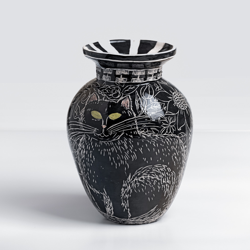 Ceramic vase with two cats in the garden on black background, handmade and painted in a unique style by Spanish artist Maite Morell.