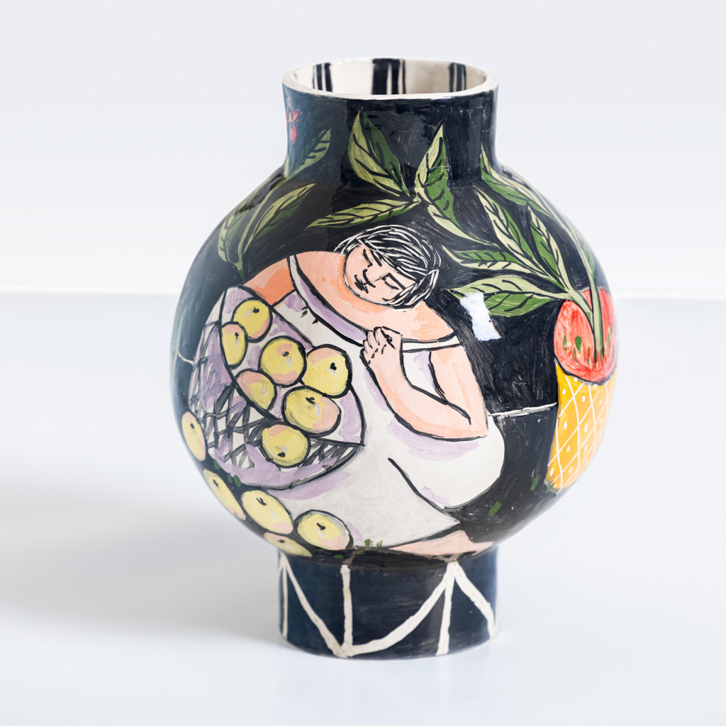 Ceramic vase with two women in the garden on black background, handmade and painted in a unique & colourful style by Spanish artist Maite Morell.