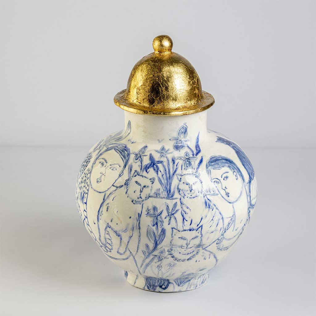 Ceramic large vase with self-portrait and black cat whiskers on white background and gold lid, handmade and painted in a unique style by Spanish artist Maite Morell.
