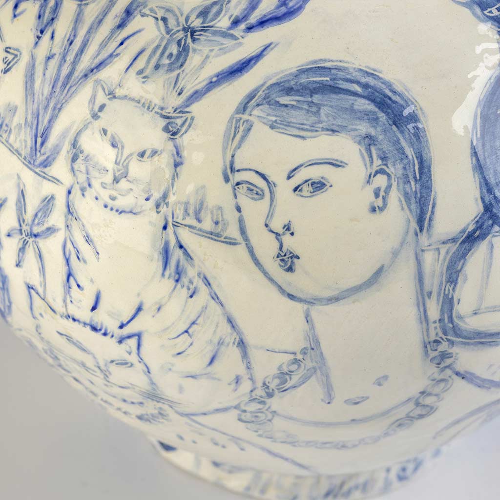 Ceramic large vase with self-portrait and black cat whiskers on white background and gold lid, handmade and painted in a unique style by Spanish artist Maite Morell.