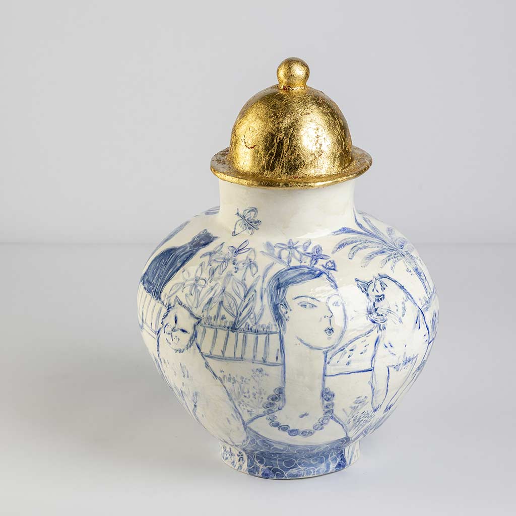 Ceramic large vase with self-portrait and black cat whiskers on white background and gold lid, handmade and painted in a unique style by Spanish artist Maite Morell.