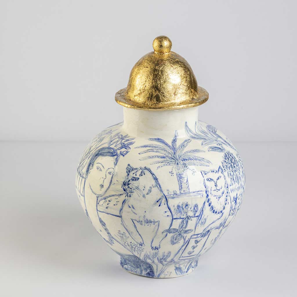 Ceramic large vase with self-portrait and black cat whiskers on white background and gold lid, handmade and painted in a unique style by Spanish artist Maite Morell.