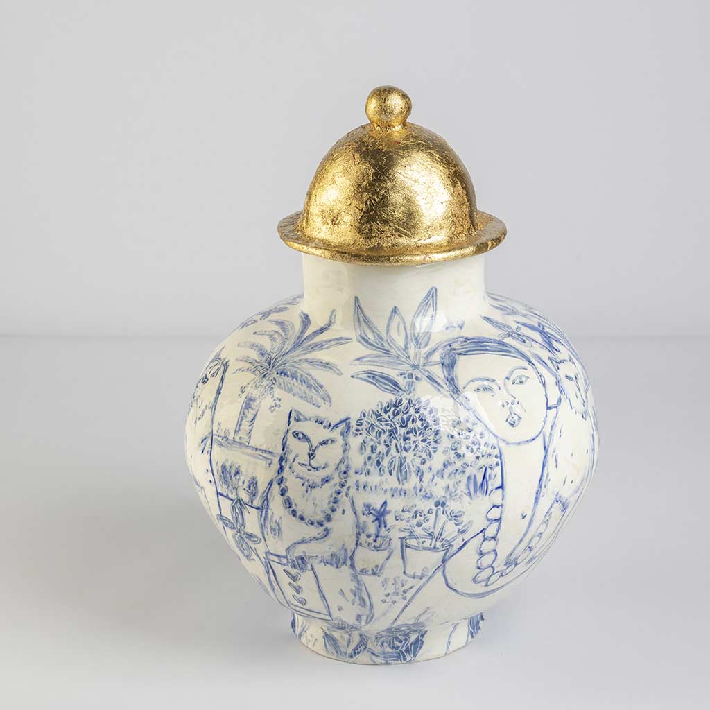 Ceramic large vase with self-portrait and black cat whiskers on white background and gold lid, handmade and painted in a unique style by Spanish artist Maite Morell.