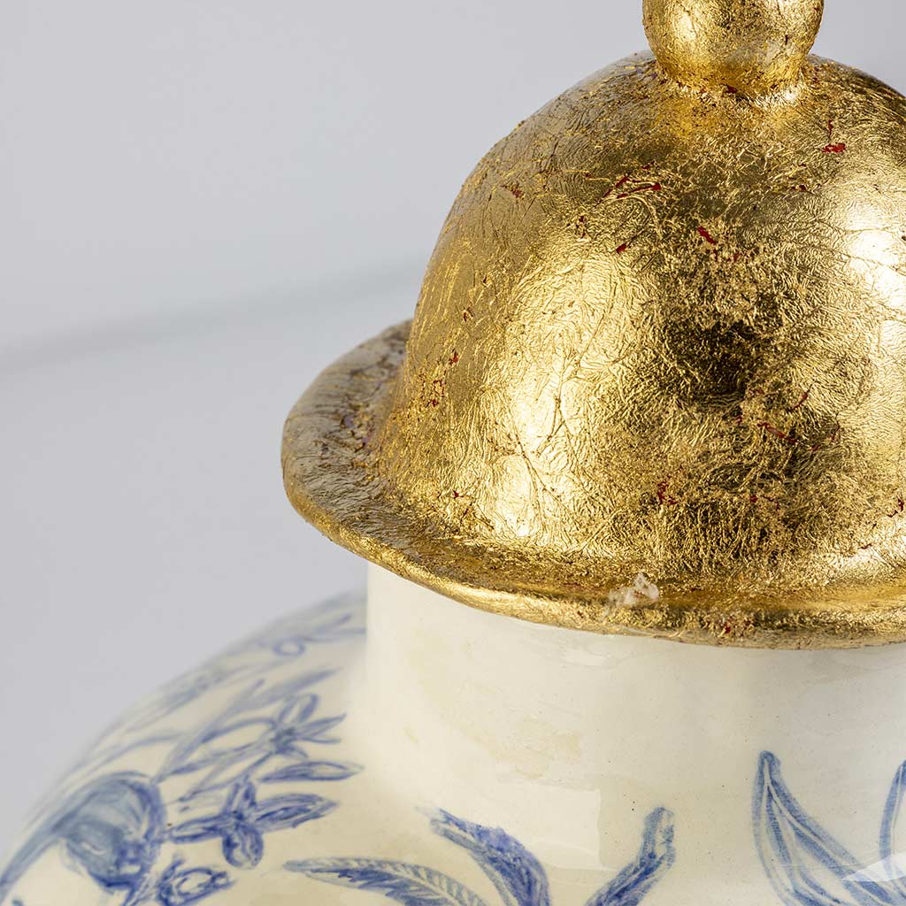 Ceramic large vase with self-portrait and black cat whiskers on white background and gold lid, handmade and painted in a unique style by Spanish artist Maite Morell.