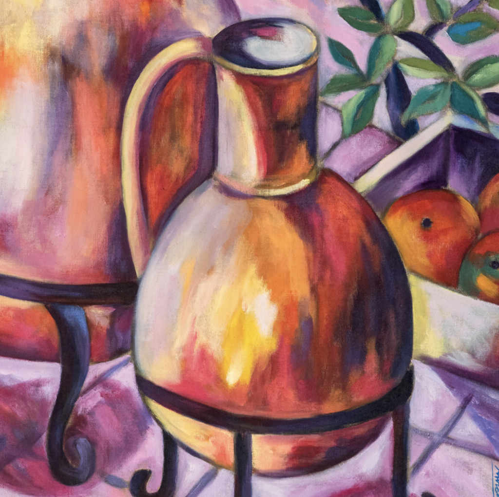 Oil painting on linen "Two jars and red flowers" by Spanish artist Maite Morell.