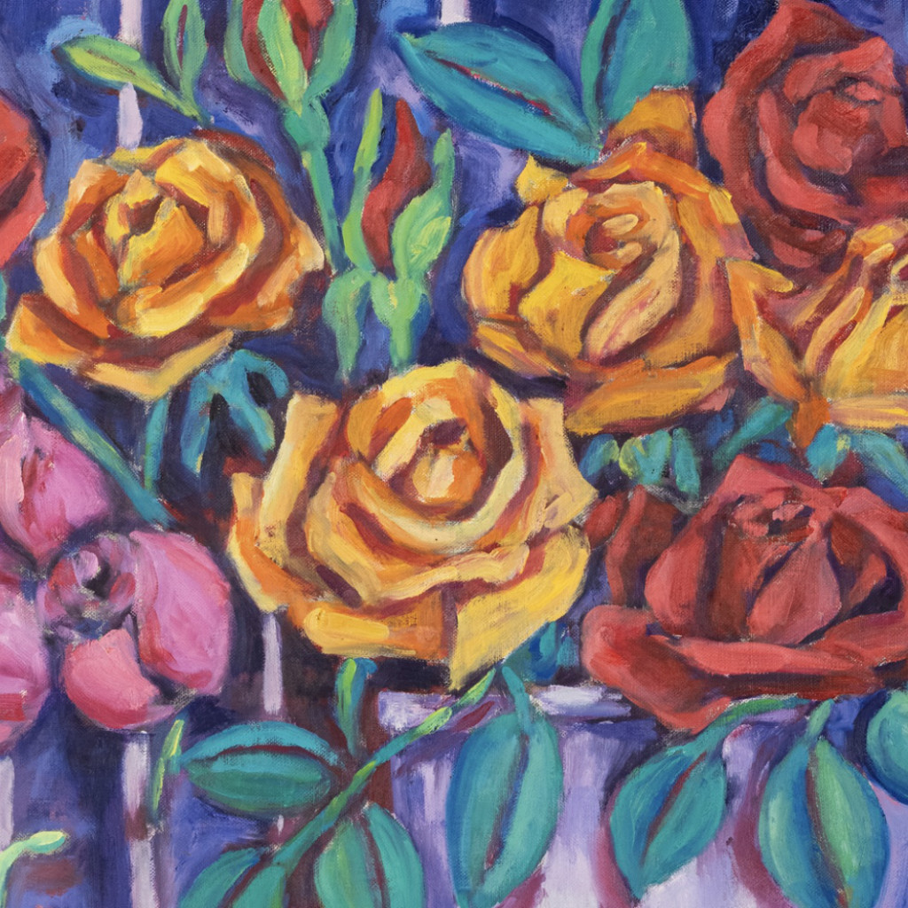 Oil painting on linen "Still life with bouquet of roses and pears" by Spanish artist Maite Morell.