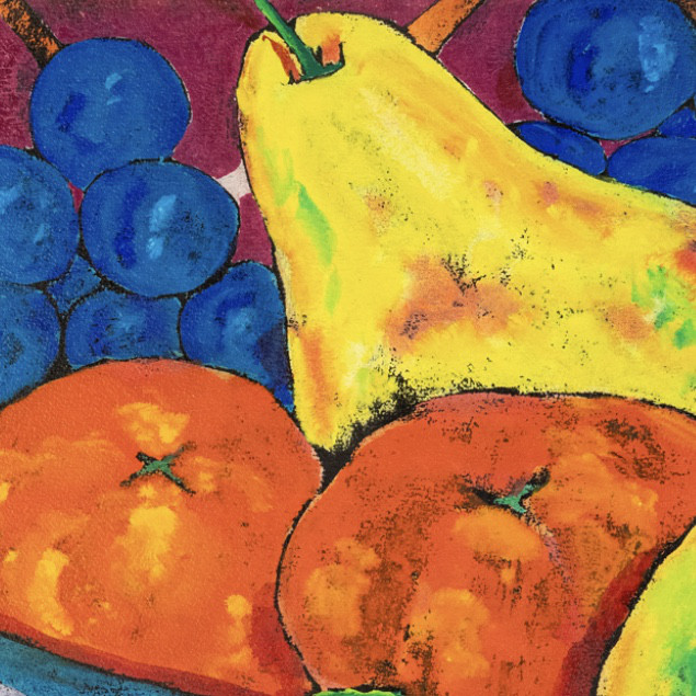 Mixed technique painting "Still life with pears and tangarines" of Gouache and Chinese Ink on Arches handmade paper by Spanish artist Maite Morell.