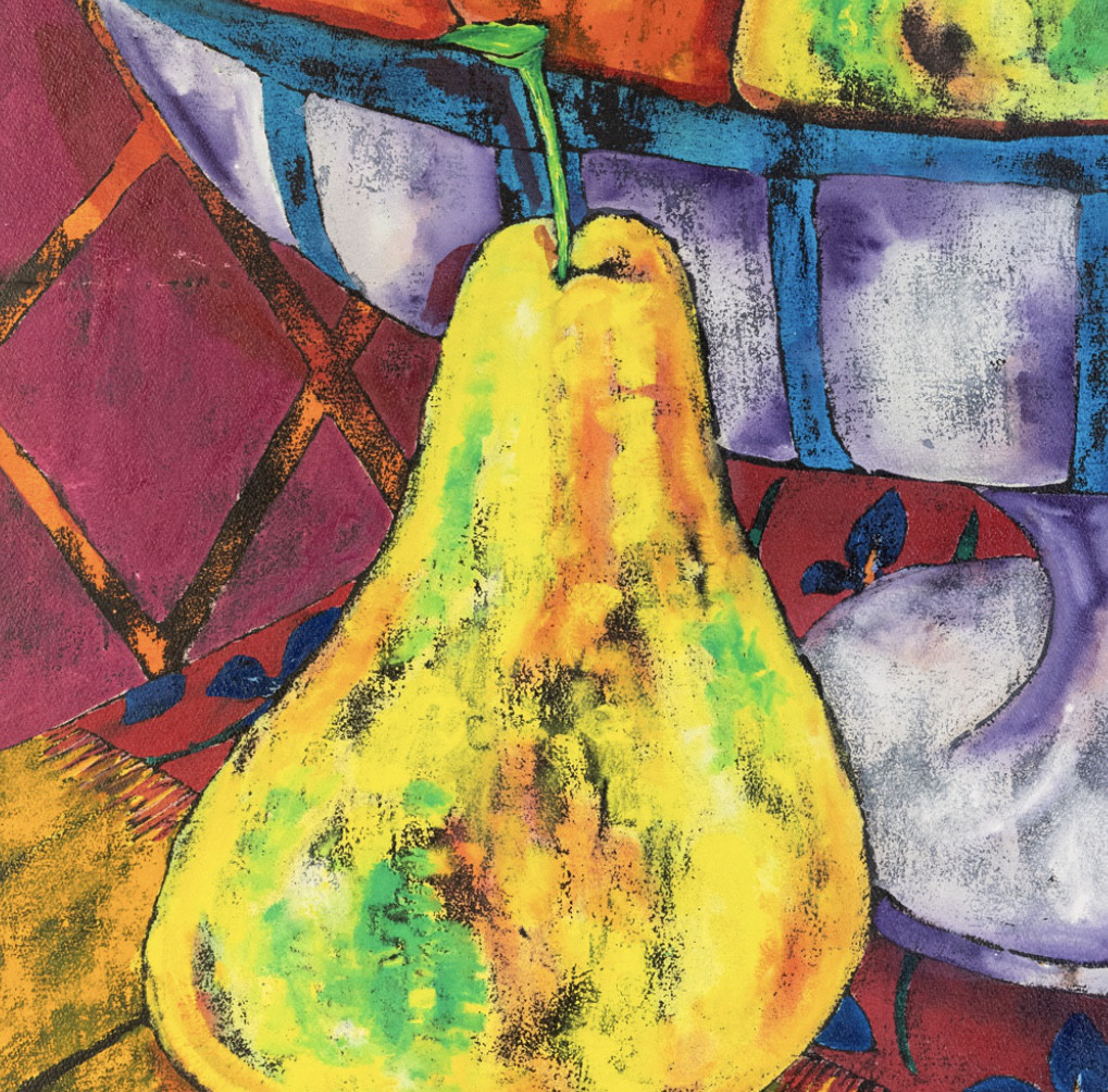 Mixed technique painting "Still life with pears and tangarines" of Gouache and Chinese Ink on Arches handmade paper by Spanish artist Maite Morell.