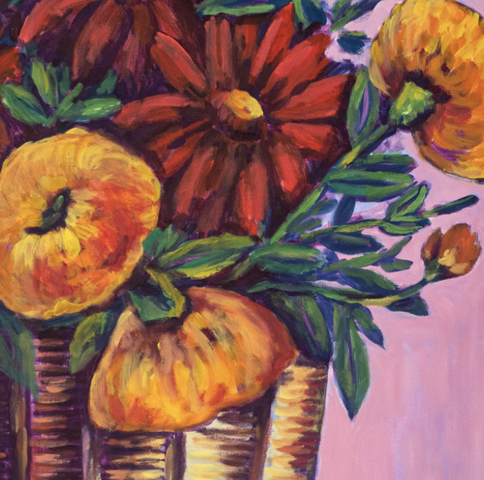 Oil painting on wood "Basket with bouquet of flowers" by Spanish artist Maite Morell.