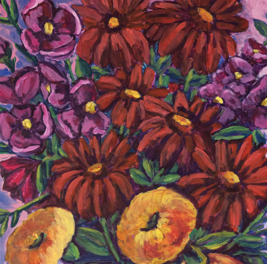 Oil painting on wood "Basket with bouquet of flowers" by Spanish artist Maite Morell.