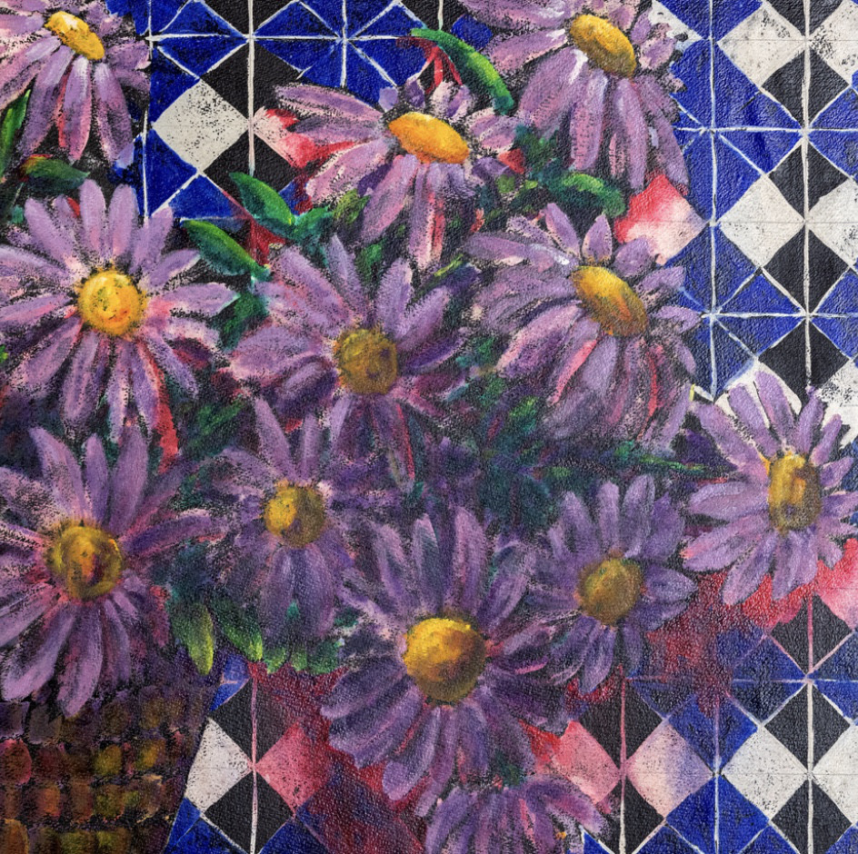 Mixed technique painting "Bouquet of daisies in Marrakech" of Gouache and Chinese Ink on Arches handmade paper by Spanish artist Maite Morell.