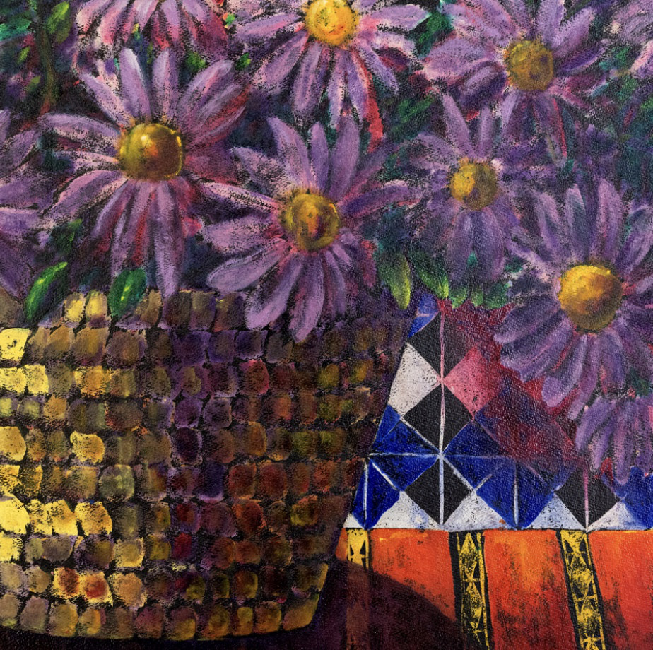 Mixed technique painting "Bouquet of daisies in Marrakech" of Gouache and Chinese Ink on Arches handmade paper by Spanish artist Maite Morell.