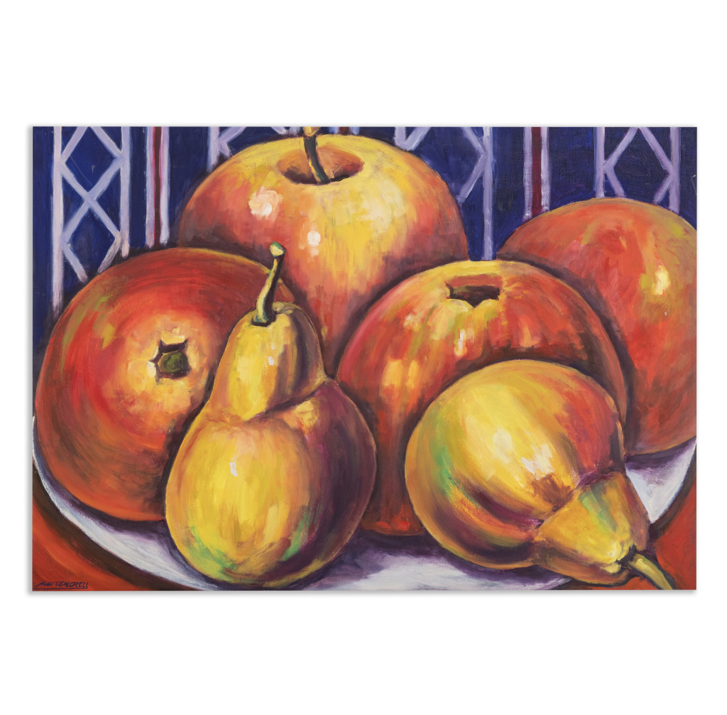 Oil painting on wood "Apples and pears on blue background" by Spanish artist Maite Morell.