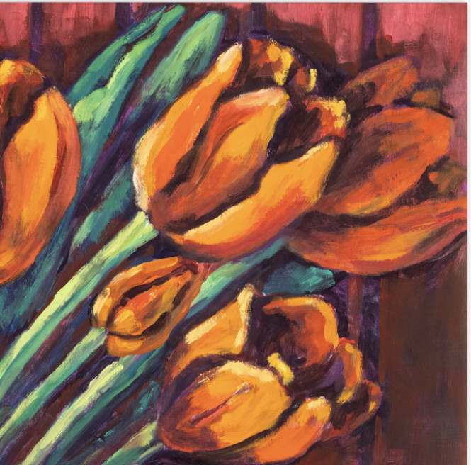 Oil painting on wood "Orange Tulips" by Spanish artist Maite Morell.