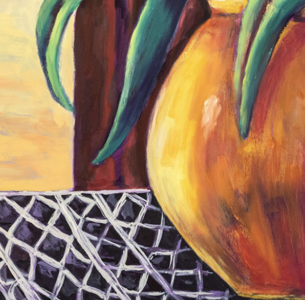 Oil painting on wood "Orange Tulips" by Spanish artist Maite Morell.