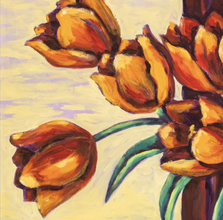 Oil painting on wood "Orange Tulips" by Spanish artist Maite Morell.