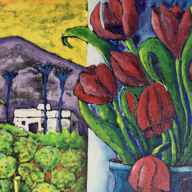 Chinese Ink and Gouache technique painting "In the other corner of paradise, self portrait" on Arches craft paper by Spanish artist Maite Morell.