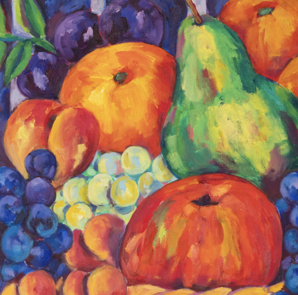 Oil painting on linen "Fruit basket" by Spanish artist Maite Morell.