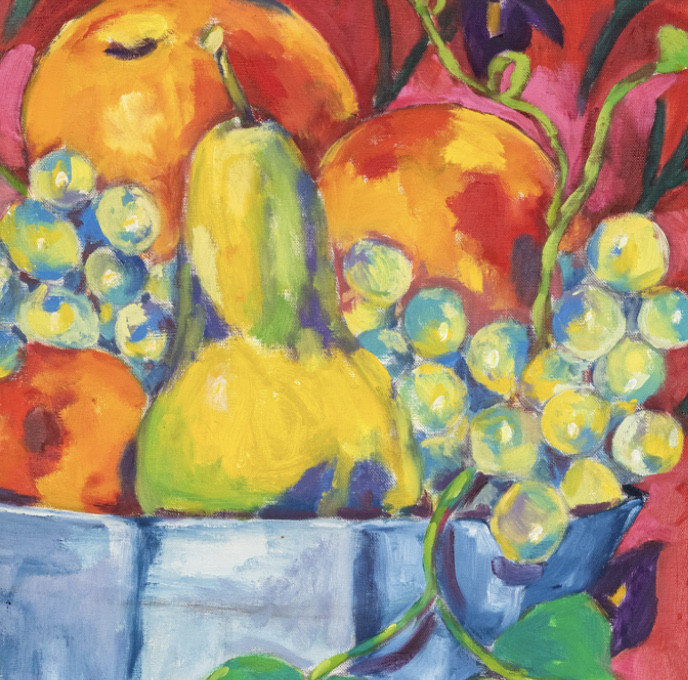 Oil painting on linen "Still life with wine jug" by Spanish artist Maite Morell.