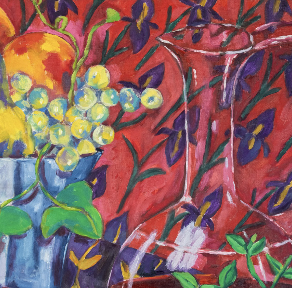 Oil painting on linen "Still life with wine jug" by Spanish artist Maite Morell.