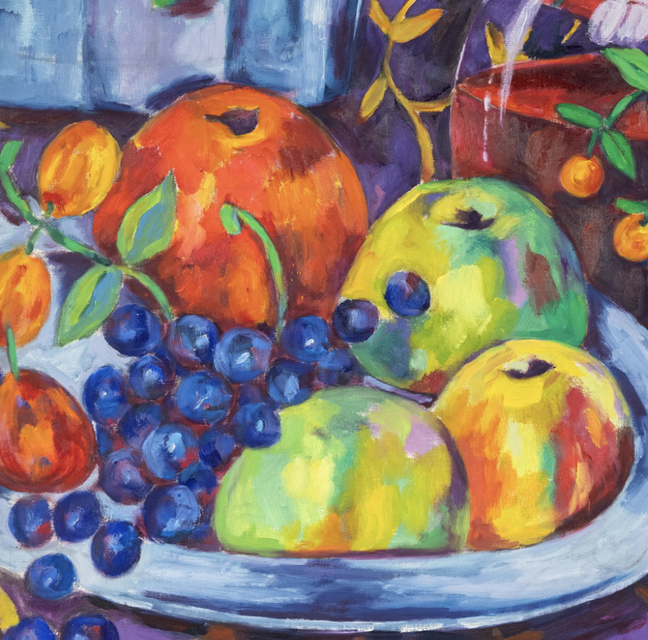 Oil painting on linen "Still life with wine jug" by Spanish artist Maite Morell.
