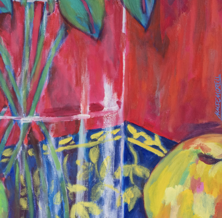 Oil painting on linen "Vase with red roses and green apples" by Spanish artist Maite Morell.