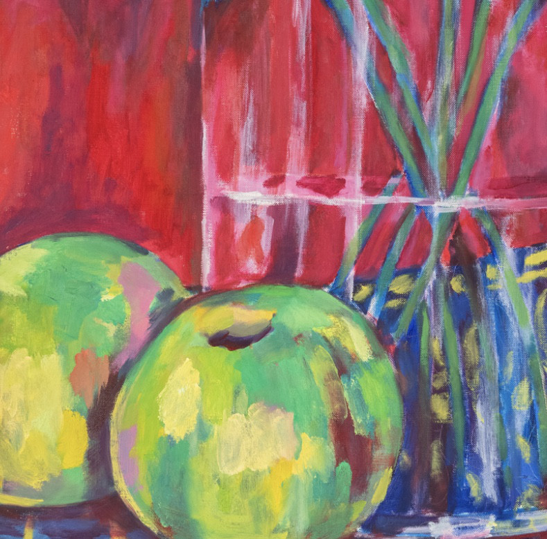 Oil painting on linen "Vase with red roses and green apples" by Spanish artist Maite Morell.