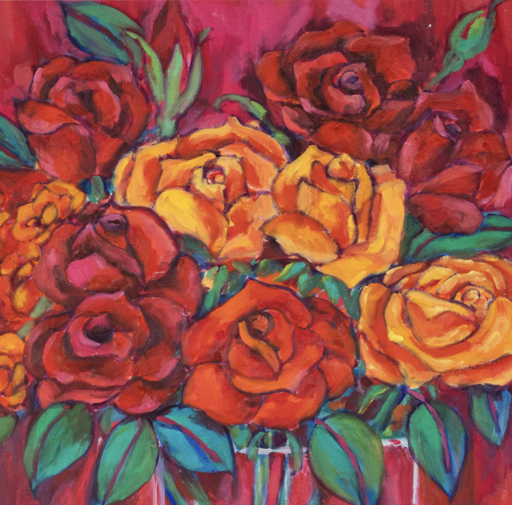 Oil painting on linen "Vase with red roses and green apples" by Spanish artist Maite Morell.