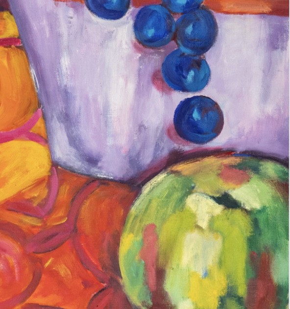 Oil painting on linen "Vase with callas and fruit bowl" by Spanish artist Maite Morell.