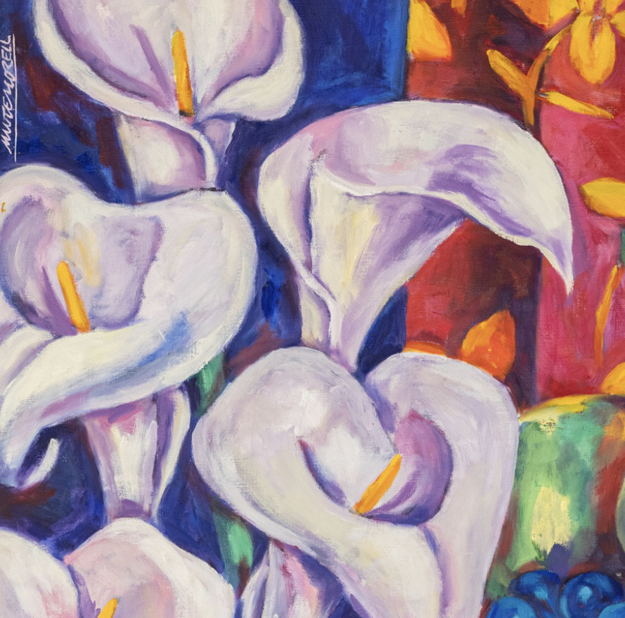Oil painting on linen "Vase with callas and fruit bowl" by Spanish artist Maite Morell.